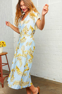 Light Blue Tropical Print Design Button Dress