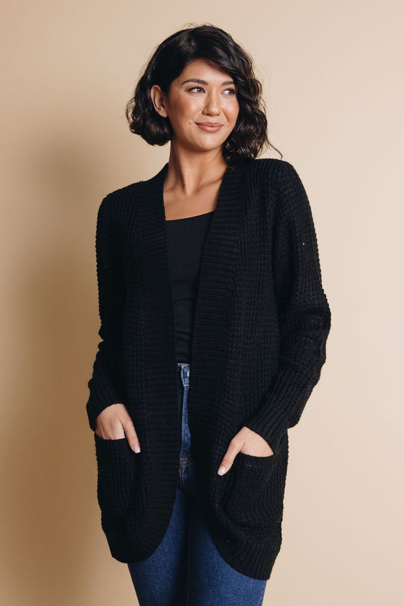 Black Pocket Knitted Solid Color Cardigan