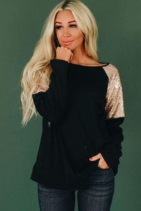 Black Sequin Shoulder Long Sleeve Top