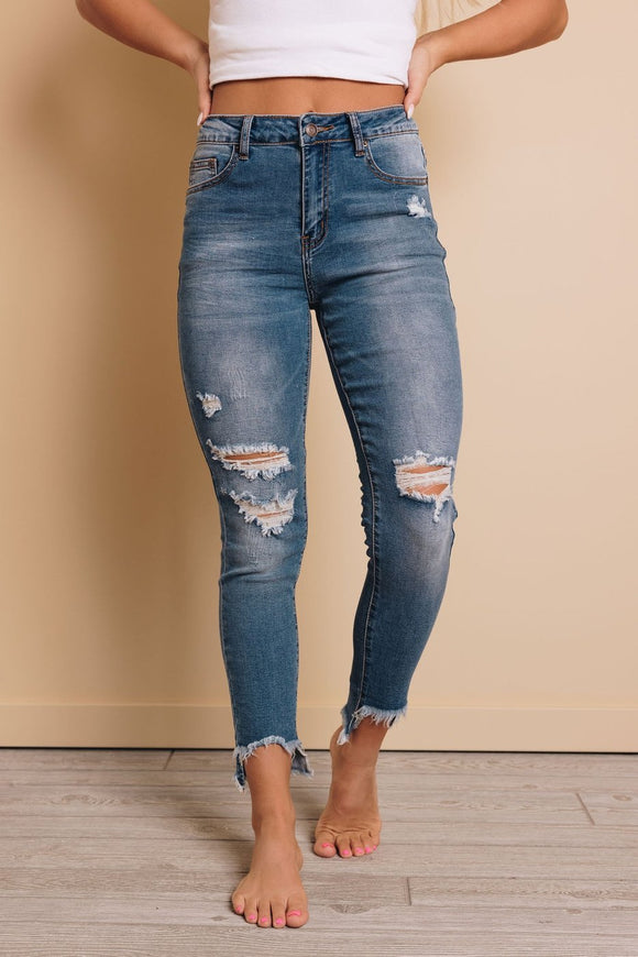 Dark Blue Slim Frayed Hemline Ripped Jeans