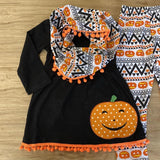 Happy Pumpkin Black w/Orange PomPoms Top and Aztec/Pumpkin Pants 'n Scarf Set (Fall 2021071044)