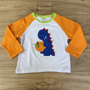 Blue Pumpkin Eating Dinosaur Shirt w/Orange Sleeves (Fall 2021071073)