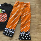 Orange/Black/White Polka Dot Pumpkin Ruffle Pants Set (Fall 2021071106)