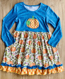 Blue Dot Field of Pumpkins Dress w/Orange Gingham Ruffle (Fall 2021071081)