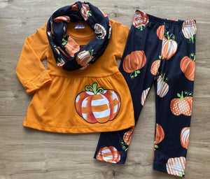 Orange Pumpkin Striped Appliqued Scarf Outfit (Fall 2021071107)