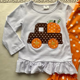 Pumpkin Delivery Shirt with Orange 'n White Polka Dot Ruffle Pants Outfit (Fall 2021071036)