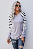 Gray Striped Animal Print Colorblock Long Sleeve Top