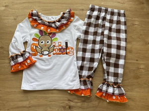 GOBBLE Little Turkey Checkered Dot Ruffle Pants Set (Fall 2021071105)