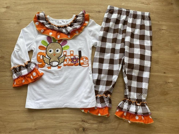 GOBBLE Little Turkey Checkered Dot Ruffle Pants Set (Fall 2021071105)