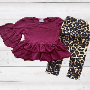 Maroon Ruffle Top with Animal Print Pants (2021083046)