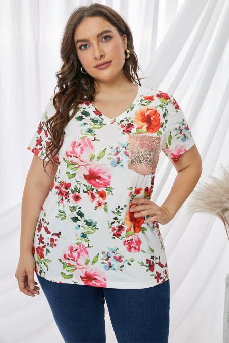 Plus Size Floral Sequin Pocket Short Sleeve T-Shirt