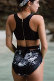 Black Printed Zipped Racerback Maillot