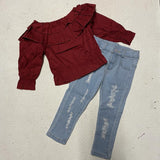 Maroon Ruffle Neck Top with Distressed Light Wash Denim Outfit (AUGCU1044)-sparkledots-sparkledots