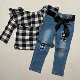 B & W Buffalo Plaid Top w/Distressed Denim Pants AUGCU1025