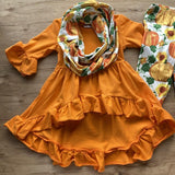 Orange High-Low Ruffled Top w/Matching Pumpkin Patch Pants 'n Scarf Set (Fall 2021071108)