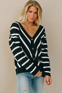 Black V Neck Stripe Long Sleeve Cardigan