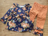 Navy/Orange Lovely Floral Ruffle Pants Set (Fall 2021081018)-sparkledots-sparkledots