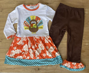 Floral Appliqued Turkey Top w/Matching Ruffled Pant Outfit (Fall 2021071056)