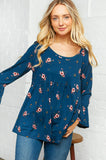 Navy Floral Bell Sleeve Babydoll Peplum Top