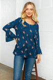 Navy Floral Bell Sleeve Babydoll Peplum Top