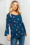 Navy Floral Bell Sleeve Babydoll Peplum Top