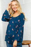 Navy Floral Bell Sleeve Babydoll Peplum Top