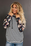 Black Striped Floral Print Long Sleeve Zipper Hoodie