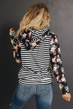 Black Striped Floral Print Long Sleeve Zipper Hoodie