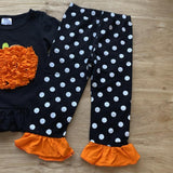 Gathered Orange Ruffled Pumpkin Accenting Black Ruffled Top and Black 'n White Polka Dot Pants Set  (Fall 2021071104)