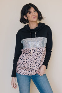 Cowl Neck Sequin Leopard Splicing Hoodie