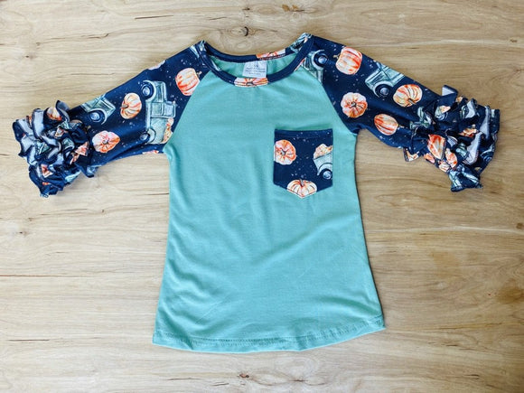 Teal 'n Navy Pumpkin Pocket Shirt with Ruffled Sleeves (Fall 2021071078)