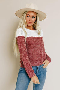 Wine Colorblock Crochet Hollow Out Long Sleeve Top