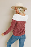 Wine Colorblock Crochet Hollow Out Long Sleeve Top