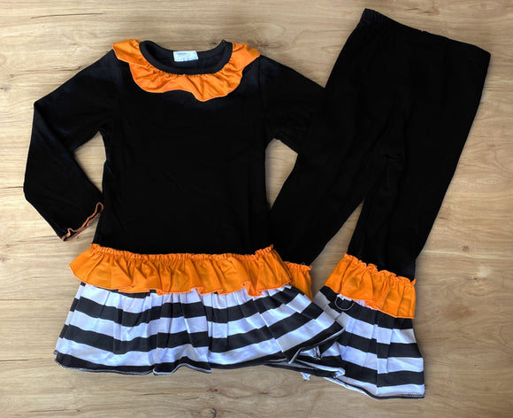 Black Tunic Top and Pants w/Orange and Black 'n White Ruffles (Fall 2021071061)