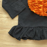 Gathered Orange Ruffled Pumpkin Accenting Black Ruffled Top and Black 'n White Polka Dot Pants Set  (Fall 2021071104)