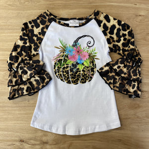 Floral Leopard Pumpkin Ruffle Sleeve Tee (Fall 2021071034)