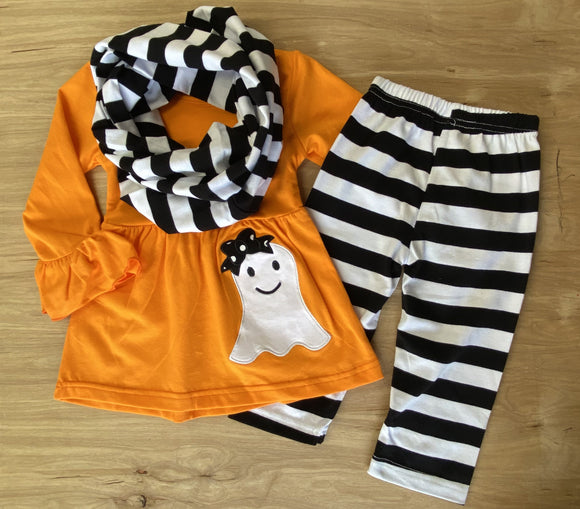 Happy Ghostie Orange Top w/Black 'n White Striped Pants 'n Scarf (Fall 2021071041)