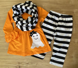 Happy Ghostie Orange Top w/Black 'n White Striped Pants 'n Scarf (Fall 2021071041)