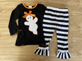 Girl Ghost Applique on Black Ruffle Sleeve Top w/Black 'n White Stripe Ruffled Pants (Fall 2021071072)