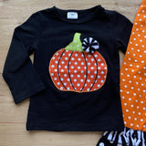 Orange/Black/White Polka Dot Pumpkin Ruffle Pants Set (Fall 2021071106)