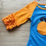 Blue Pumpkin Applique Shirt w/Orange Ruffled Sleeves (Fall 2021071080)