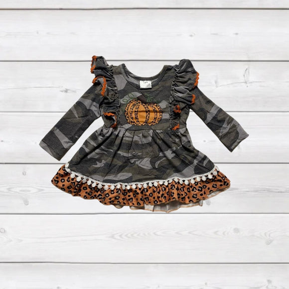 Camo Dress w/Pumpkin & Orange Tipped Ruffles AUGCU1013