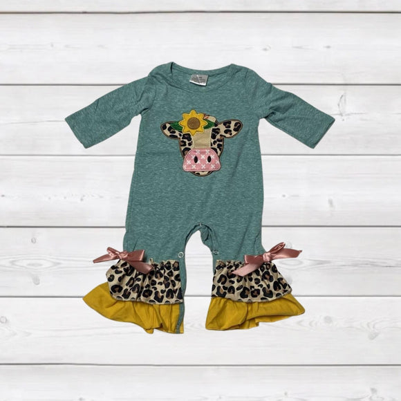 Leopard Sunflower Cow Appliqué Green Romper (AUGCU1056)-sparkledots-sparkledots