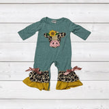 Leopard Sunflower Cow Appliqué Green Romper (AUGCU1056)-sparkledots-sparkledots