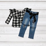 B & W Buffalo Plaid Top w/Distressed Denim Pants AUGCU1025