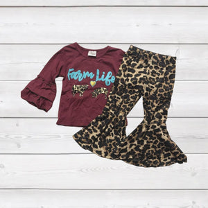 Maroon Farm Life Top w/Leopard Cows & Bell Bottoms AUGCU1017-sparkledots-sparkledots