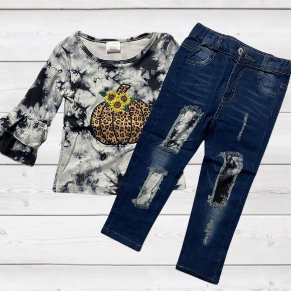 TieDye Leopard Pumpkin Applique Top w/Denim Pants AUGCU1004