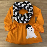 Happy Ghostie Orange Top w/Black 'n White Striped Pants 'n Scarf (Fall 2021071041)