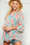 Minty Blue Floral Bell Sleeve Tunic