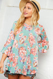 Minty Blue Floral Bell Sleeve Tunic